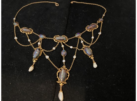 Beautiful 14K YG Necklace With Blue Opals And Freshwater Pearls