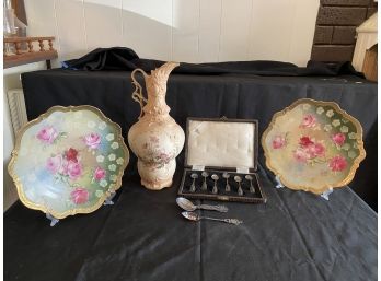 Set Antique Sterling Spoons With Box, Vintage Royal Windsor Vase, Queen Louise Roses HandPainted Plates