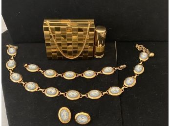 Small Goldtone Compact With Lipstick Holder In Unused Condition Plus Wedgewood Style Jewelry Set