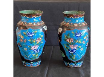 Pair Of Beautiful Vintage Cloisonne  Vases With Floral & Fan Detailing Throughout