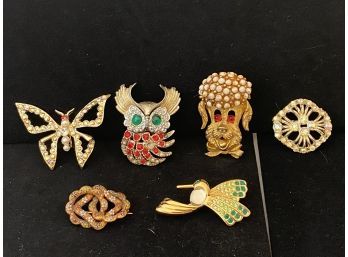 6 Piece FUN Vintage Costume Animal And Other Embellished Jewelry Assortment Of Pins
