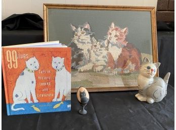 Vintage Needlepoint Cat Art,  Painted Wood Cat Hand, Painted Cat Egg And  99 Lives Cat Book