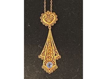 14k Yg Fine 15 Inch Necklace With Art Deco Style Pendant.