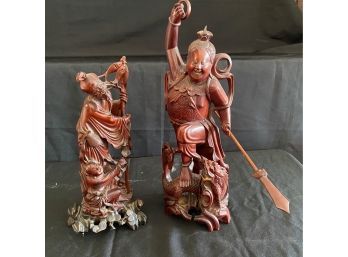 Pair Of Vintage Hand Carved Asian Wood Figurines Amazing Detail Throughout