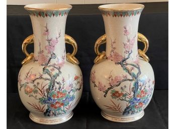Vintage Pair Of Large Crackle Finish Asian Vases HandPainted & Signed, Cherry Blossom