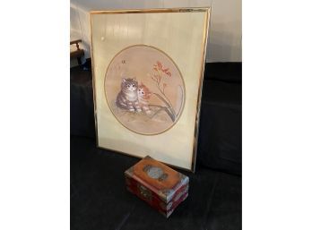 Small Ornate Wood Trinket Box With Ornate Metal Detail Includes A Pretty Asian Cat Watercolor In Frame