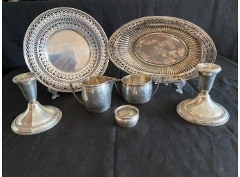 Sterling Silver - 2 Weighted Candlesticks, William Wise & Son Sugar And Creamer, 2 Trays & Salt Cellar