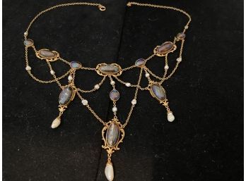 Beautiful 14K YG Necklace With Blue Opals And Freshwater Pearls