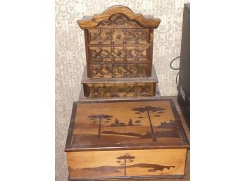 Vintage Carved Wood Music Jewelry Box By Pat Yoshikawa & 2 Tone Inlaid Wood Box