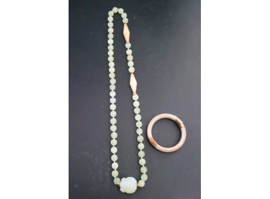 Jade Bangle Bracelet & Long Beaded Necklace
