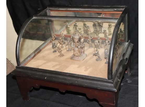 Finely Detailed Antique Brass African Figurines With Antique Glass & Wood Display Case