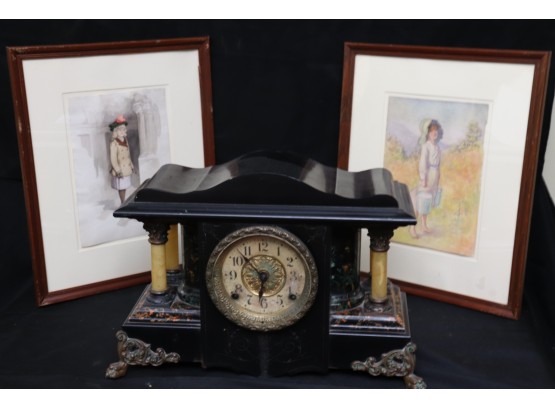 Renaissance Style Ornate Wood Seth Thomas Mantle Clock With Pair Of Framed Watercolors