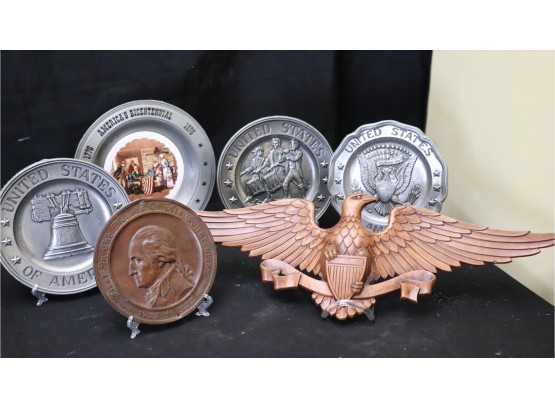 Lot Of Americana Pewter & Metal Wall Hanging Plates & Cast Eagle Plaque