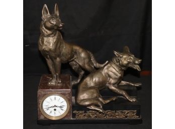 Bronze Figural Clock With German Shepherds & Marble Base