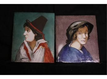 Pair Of Hand Painted Wall Hanging Terracotta Portrait Tiles