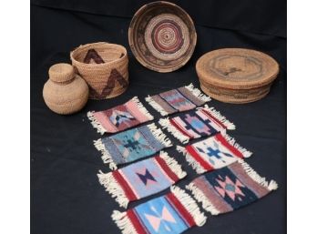 4 Vintage Woven Basket Vessels And 8 Small Woven Rugs/Coasters