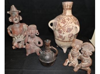 5 Vintage Mexican Terracotta Pottery Assortment  2 Urns & 3 Figural Sculptures