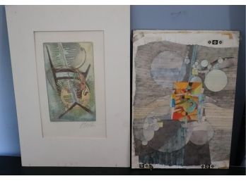 Pair Of Unframed Works Of Art  1 By Frank Bozzo With Marker And Color Etching