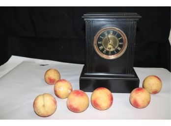 Amazing Black Onyx Mantle Clock With Brass Details & 7 Hand Painted Alabaster Peaches
