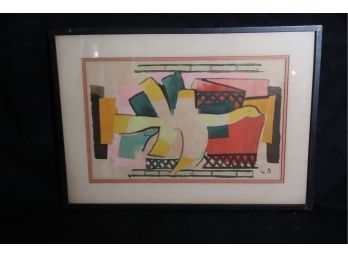 Antique Color Blocked Print On Board Marked GB In Frame