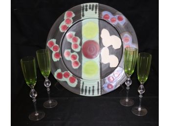 Fabulous Hand Crafted Serving & Hosting Items  Centerpiece Platter & 4 Champagne Glasses
