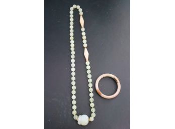 Jade Bangle Bracelet & Long Beaded Necklace