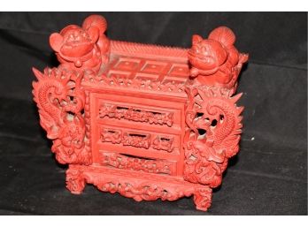 Cinnabar Colored Miniature Chinese Altar With Hand Carved Details