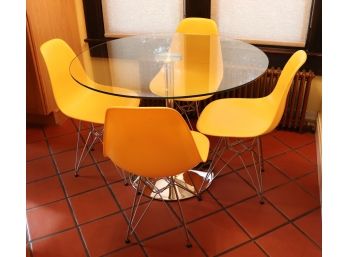 Mid-Century Style Glass Top Dining Table With 4 Paris Tower Base Yellow Chairs