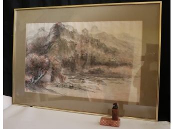 Authentic Handmade Asian Landscape In Ink On Paper With Characters & Stamps In Brass Finish Frame