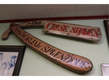 Antique Wooden Barbershop Sign  For Close Shaves, Tonsorial Splendour