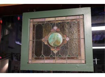 Antique Multicolored Stain Glass Window Panel In Wood Frame