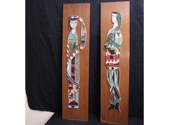Pair Of Wood & Hand Painted Ceramic Retro Wall Hanging Plaques