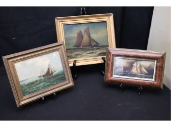 3 Signed Vintage Oil Paintings Of Sail Ships In Frames
