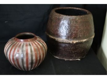 Vintage Decorative Vessels  Oil Cloth Hand Carved Bowl & Signed Terracotta Vase