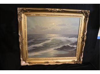 Vintage Signed Oil On Canvas In Ornate Frame  Moonlight Seascape