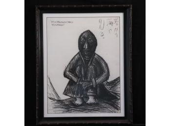 Vintage Charcoal Drawing With Characters In Black Bamboo Style Frame
