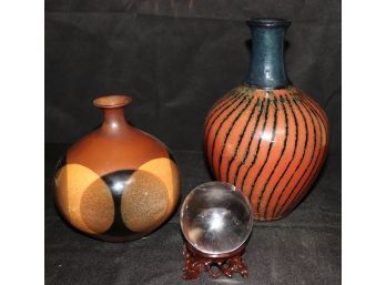 Pair Of Glazed Earthenware Vessels & Crystal Orb On Carved Wood Stand