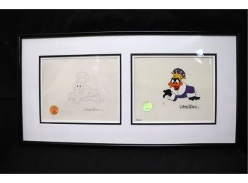 Vintage Double Framed Cel Of Daffy Duck With Original Pencil Drawing Signed Chuck Jones