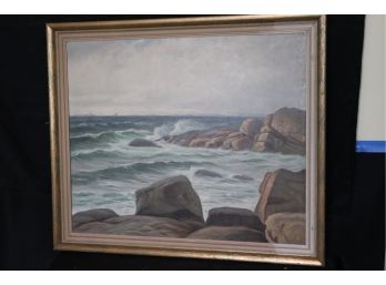 Vintage Seascape Oil On Canvas In Wood Frame Signed AS