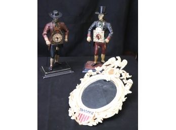 Pair Of Novelty Painted Metal Peddler Clocks & Painted Metal Federal Style Wall Mirror