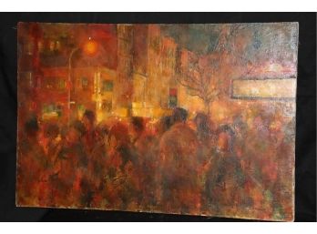 2nd Avenue Cinema Textured Cityscape - Oil Painting On Linen Canvas  Signed Lester Schultz