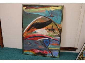 Mid-Century Modern Seascape Signed Oil On Canvas Abstract Painting In Frame