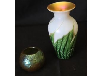 Pair Of Hand Blown Vintage Iridescent Art Glass Vessels