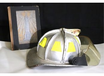 Leather Firemens Helmet & Vintage Empire State  A History Hard Cover Book