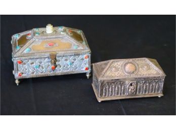 A Pair Of Antique Trinket Boxes  Tibetan Brass & Silvered Copper Casket