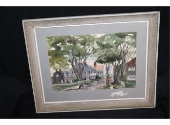 Signed Harry McGrath Watercolor Landscape Of Lush Suburban Street