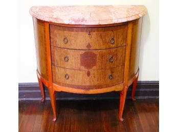 Antique Fruitwood Veneer Demilune Console 3 Drawer Chest With Red Marble Top