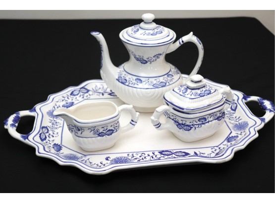Classic Danish Inspired White & Blue Tea Service Tray With Teapot, Sugar & Creamer