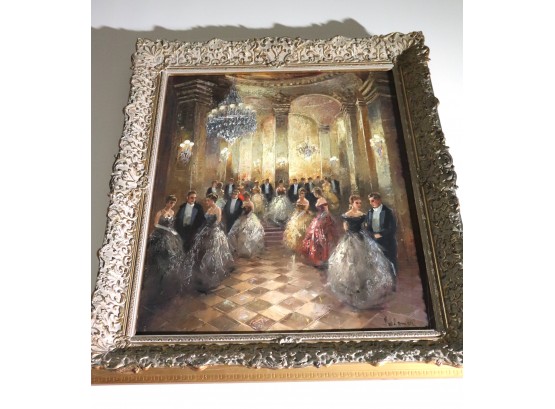 Highly Textured Oil Painting Of Dance Scene In Ballroom With An Ornate Gilded Frame