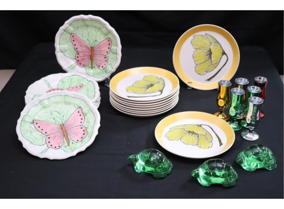 Assorted Tabletop Hosting Items & 3 Green Glass Turtle Sculptures